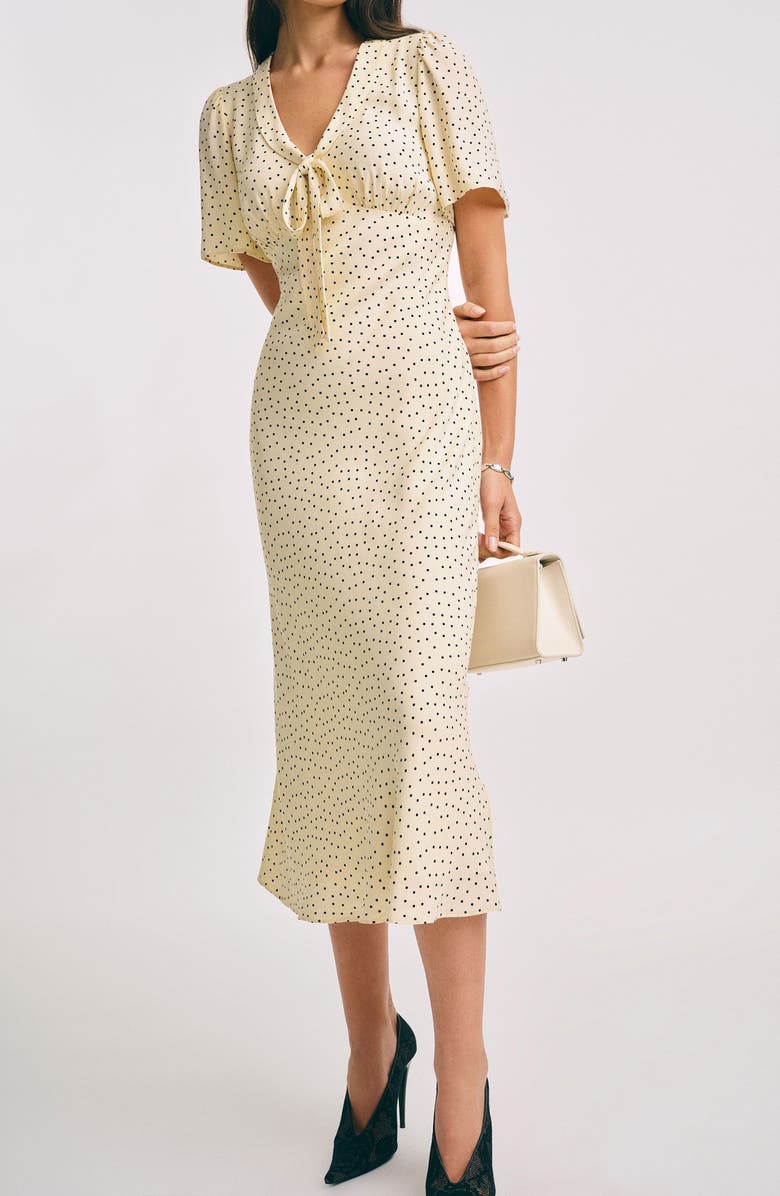 Reformation Tyra Polka Dot Short Sleeve Midi Dress, Main, color, Salt And Pepper