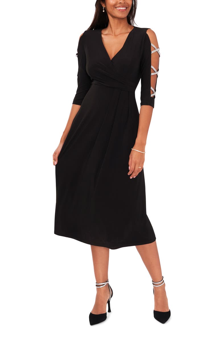 Chaus Rhinestone Sleeve Wrap Front Knit Midi Dress, Main, color,