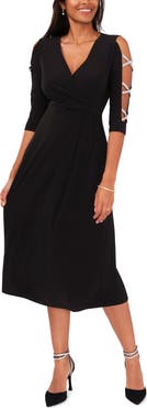 Chaus Rhinestone Sleeve Wrap Front Knit Midi Dress