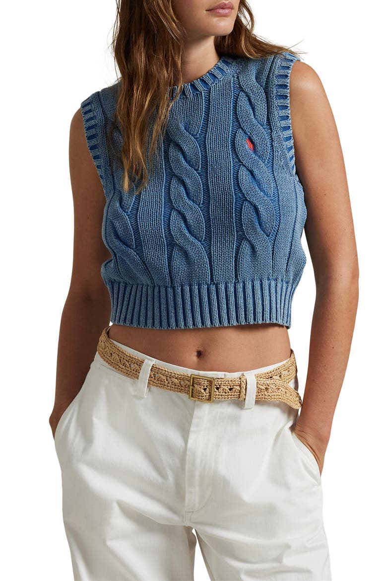 Cable Knit Crop Cotton Sweater Vest, Main, color, MIDNIGHT ROYAL