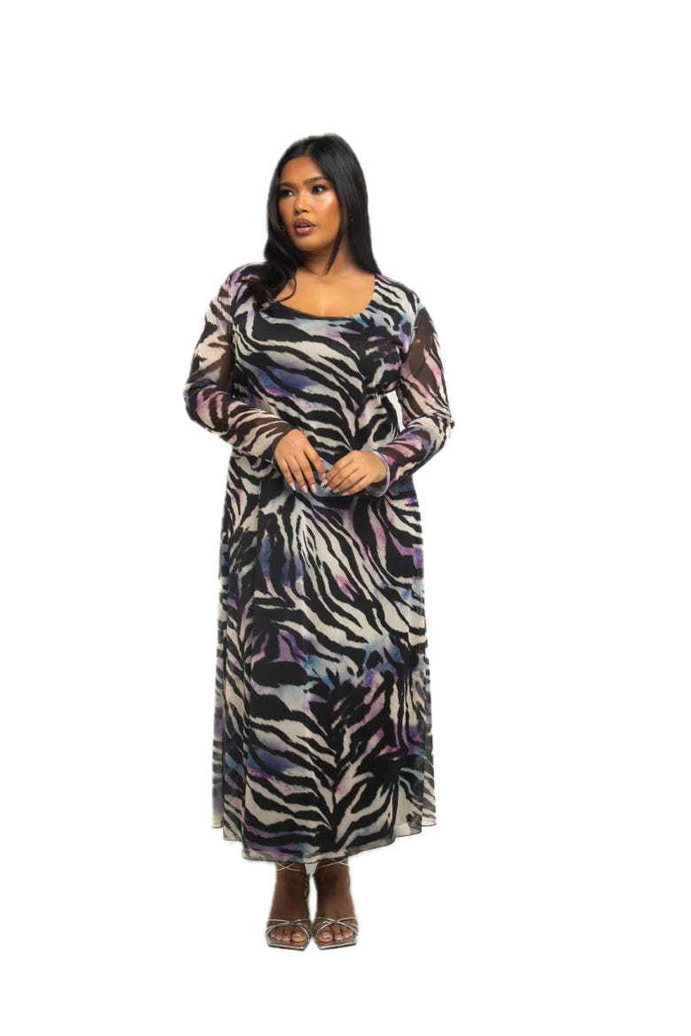 Plus Size Zebra Print Mesh Midaxi Dress, Main, color, Black