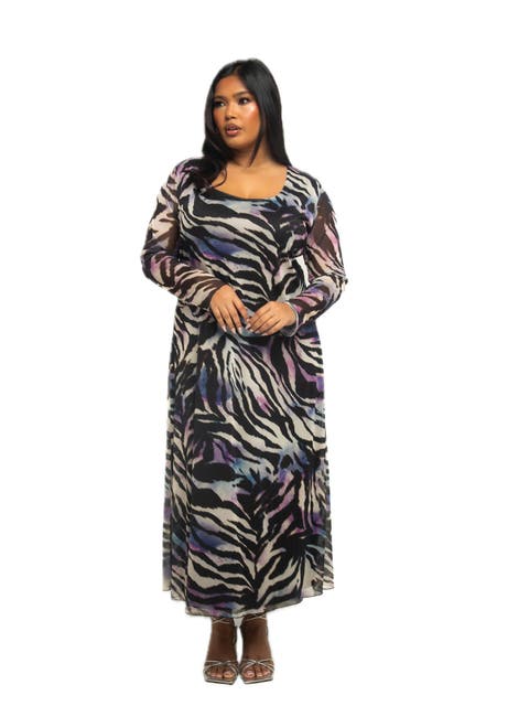 Plus Size Zebra Print Mesh Midaxi Dress