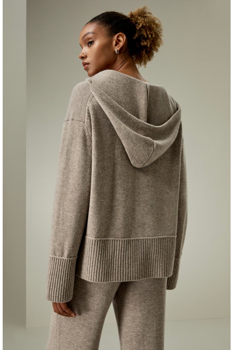 Women's V Neck Wool-Cashmere Blend Hoodie, Alternate, color, Camel
