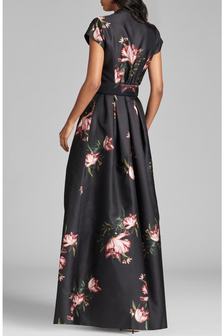 Marta Floral Print Belted Satin Gown, Alternate, color, NOIR BLOSSOM