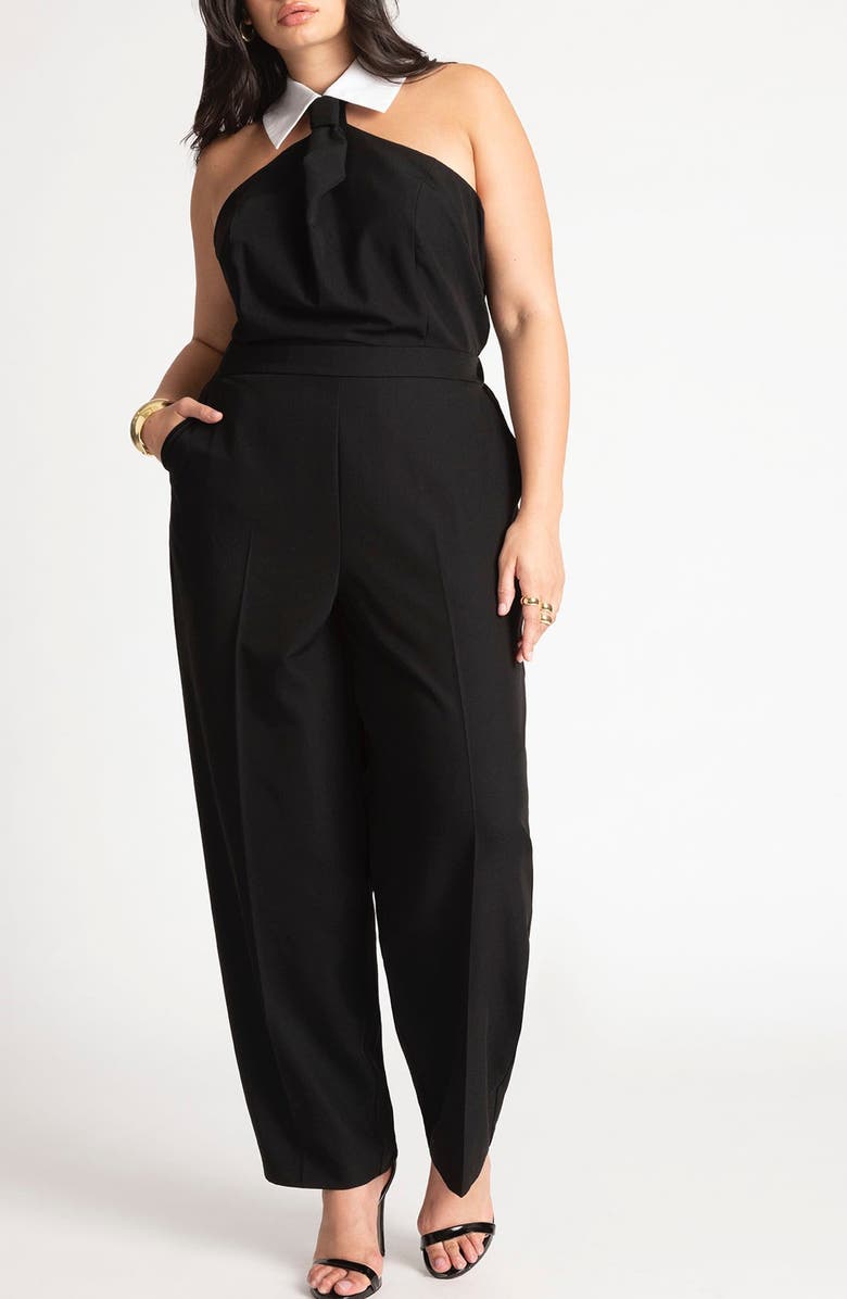 ELOQUII Tie Collar Halter Neck Jumpsuit, Main, color, 