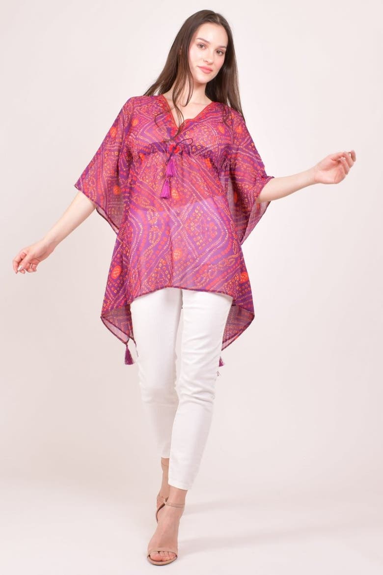 Mirror Embroidered Bandhani Georgette Kaftan Top, Alternate, color, Purple