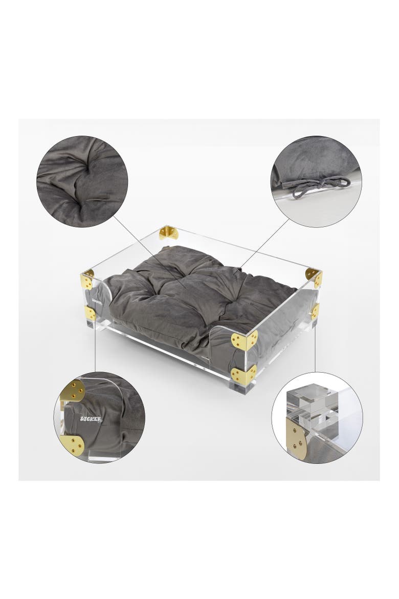 Haines 21.5" x 15.25" Small/Medium Modern Lucite Velvet Pet Bed with Washable Cushion, Alternate, color, Dark Gray/Clear/Brass Gold