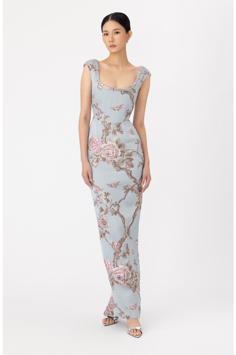 Brooke Floral Brocade Column Gown, Alternate, color, BLUE ASH