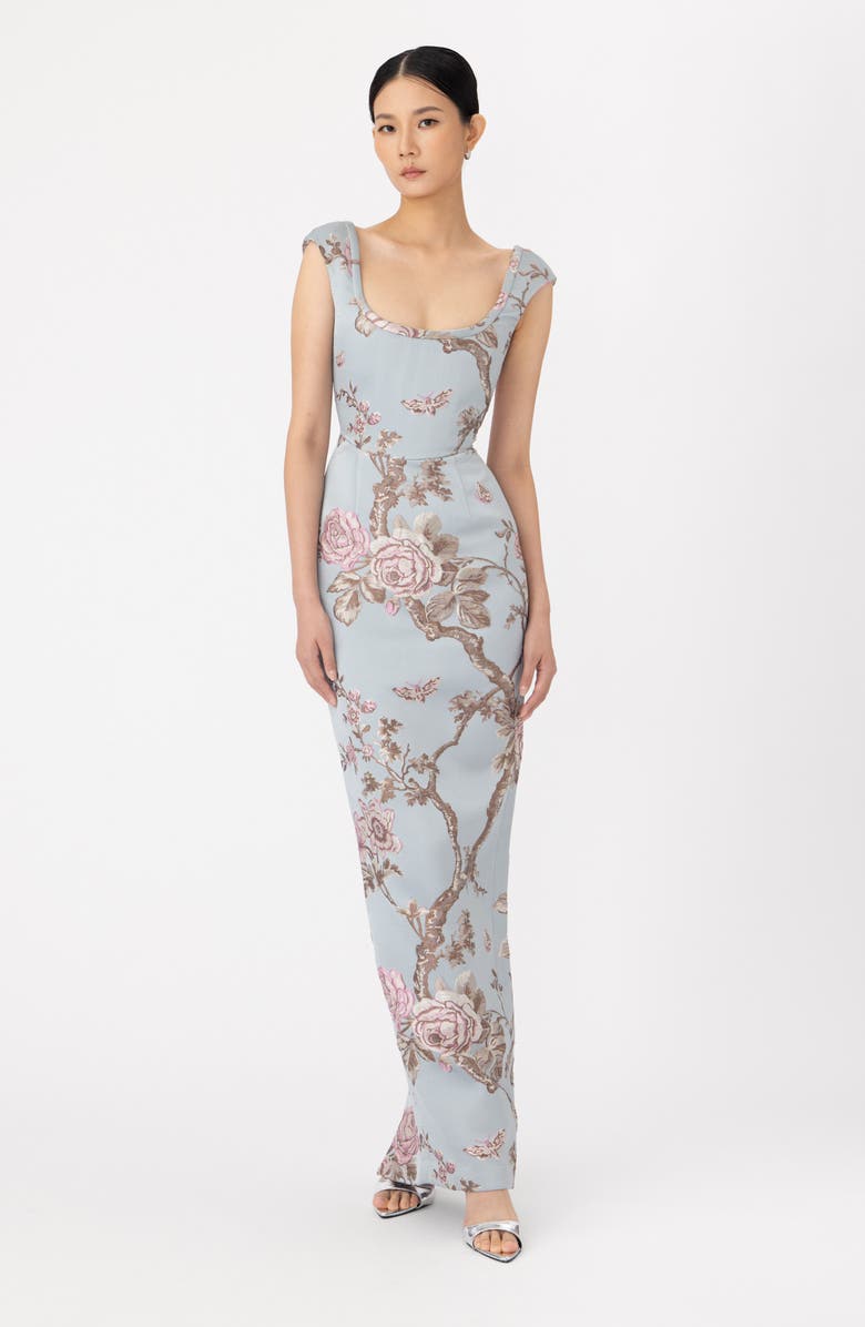 SAU LEE Brooke Floral Brocade Column Gown, Alternate, color, Blue Ash