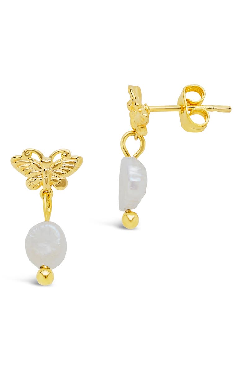 Sterling Forever 14K Gold Plated Butterfly 6mm Baroque Pearl Drop Earrings, Alternate, color, 