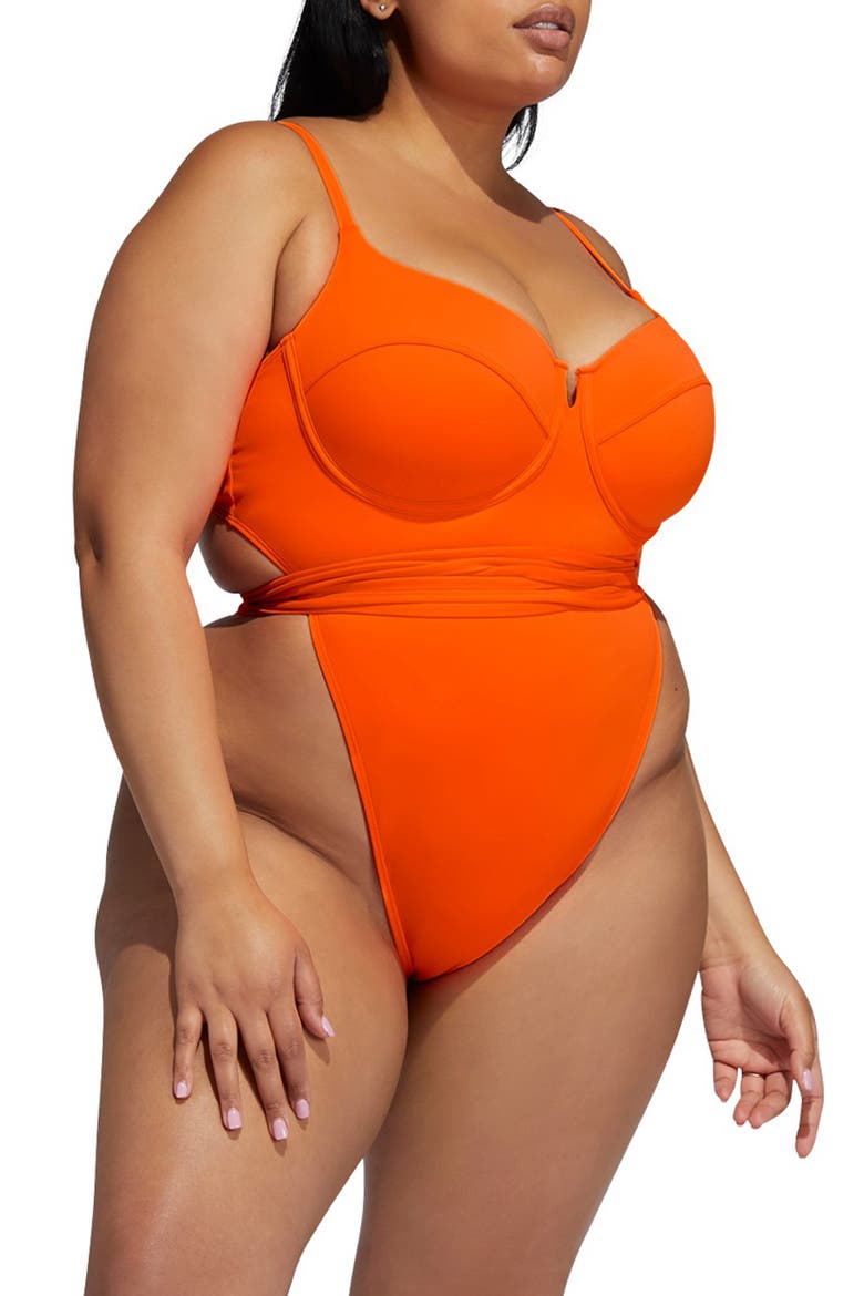 High Cut One-Piece Swimsuit, Alternate, color, SOLAR ORANGE/ WHITE