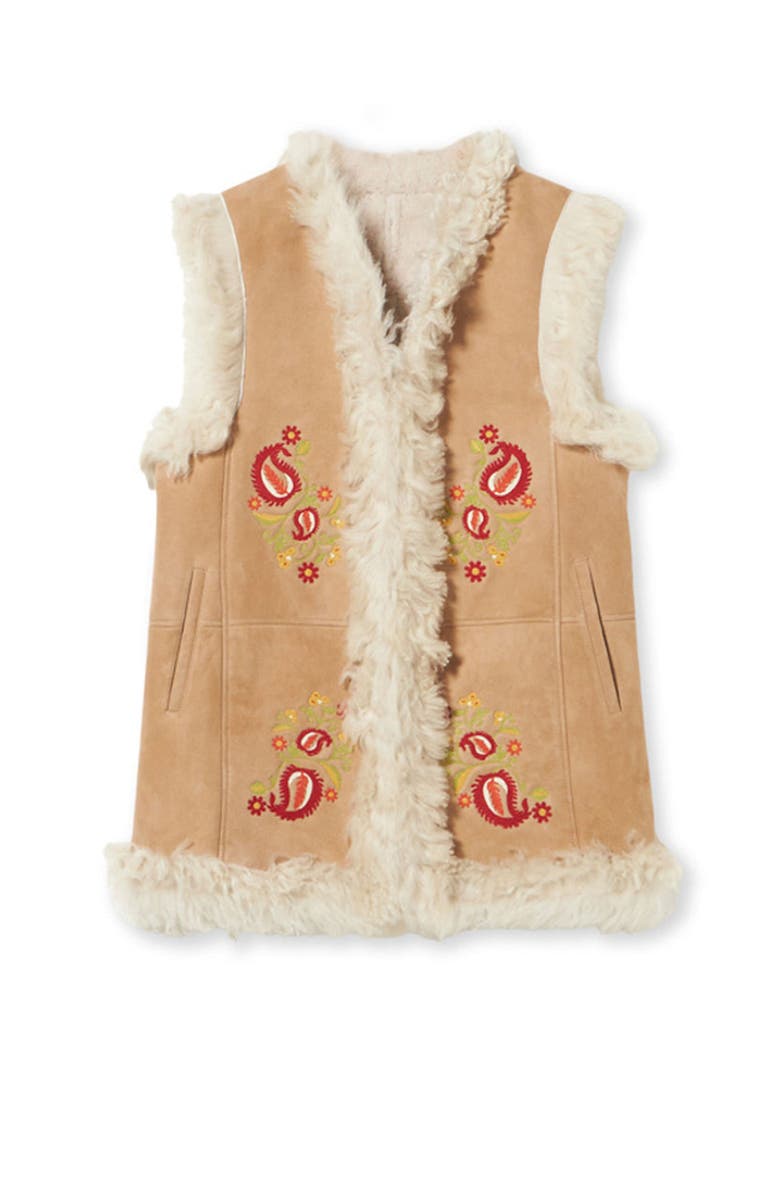 Fortela Sheep Leather Floral Embroidery Gilet, Main, color, Beige