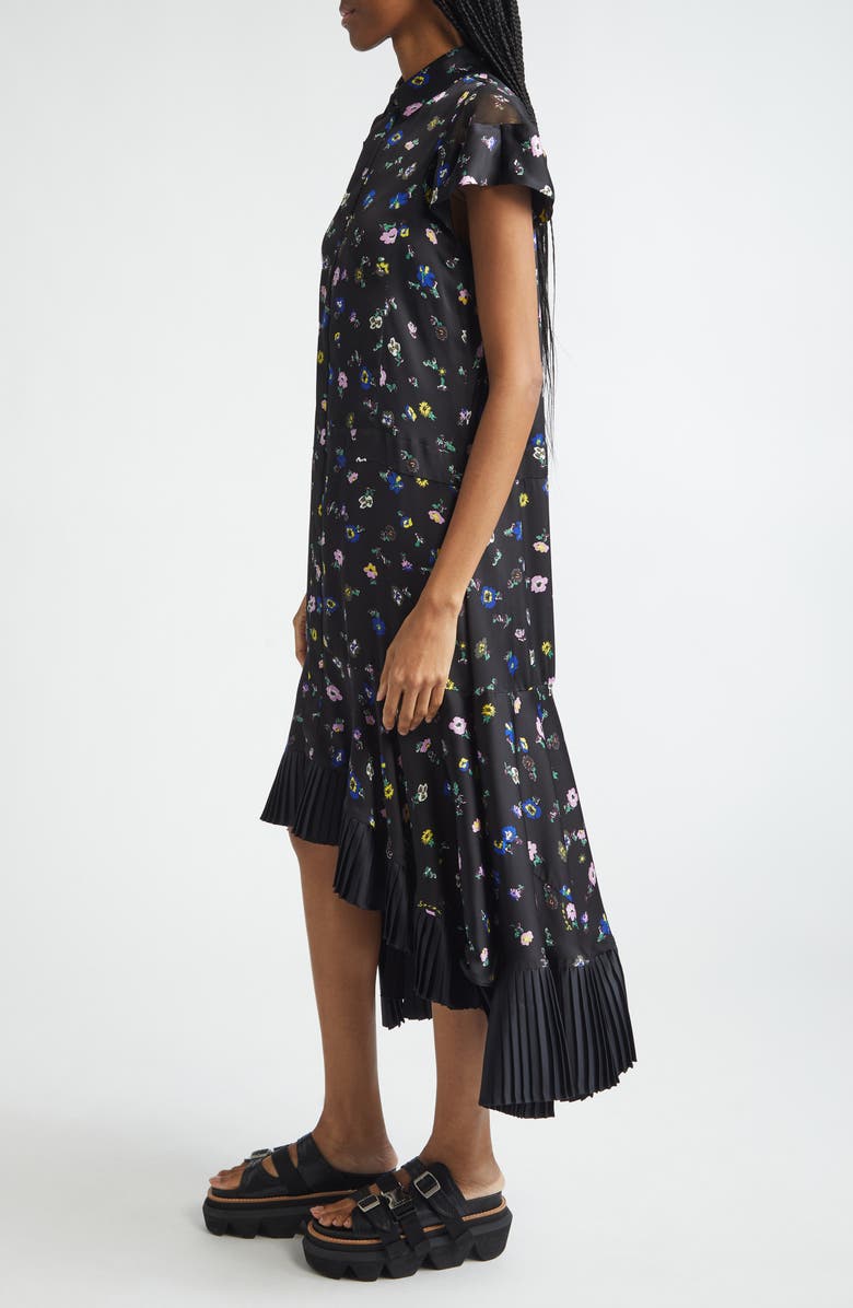 Sacai Floral Print Satin Shirtdress, Alternate, color, Black