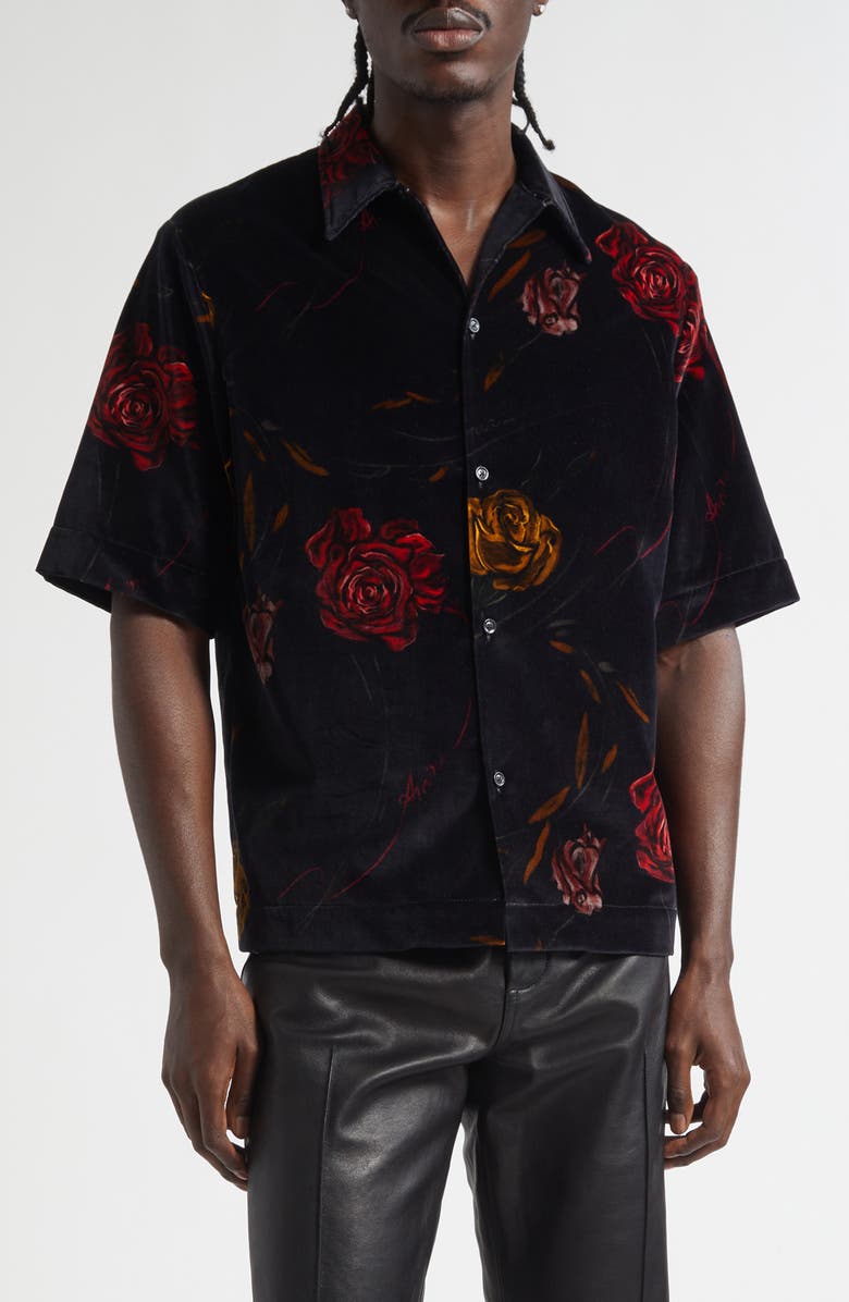 AMIRI Floral Velveteen Camp Shirt, Main, color, Black