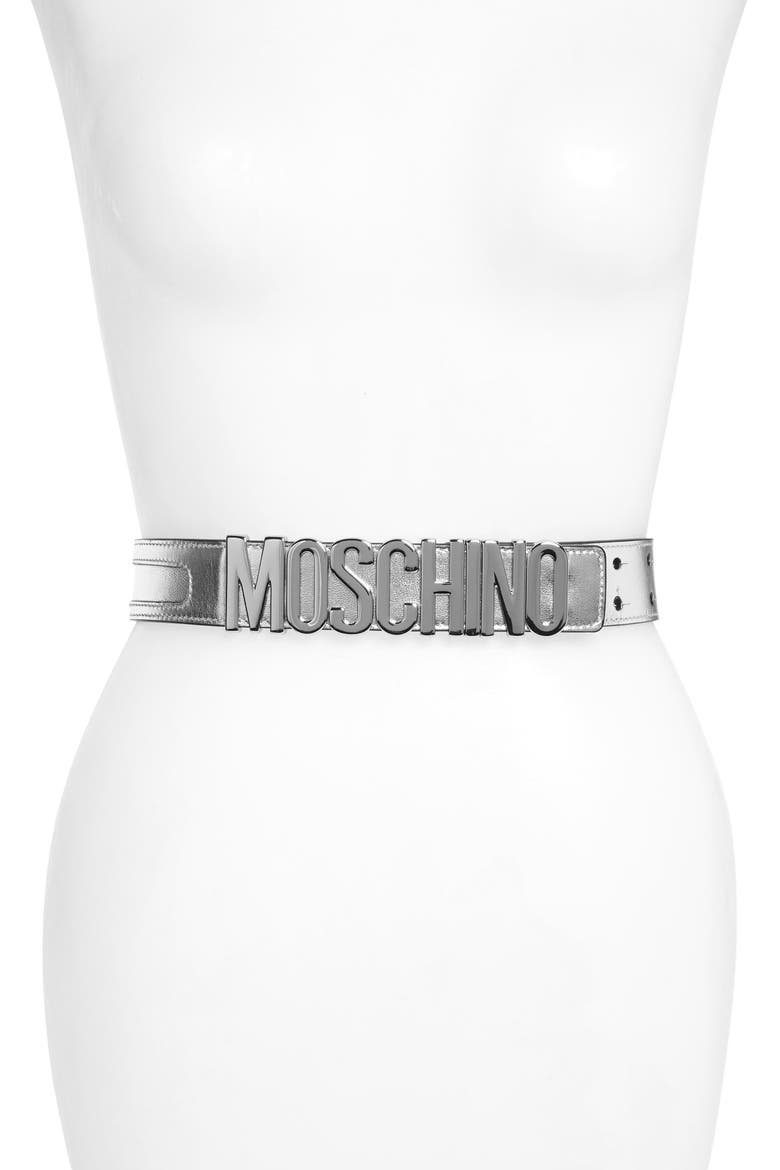 Logo Plate Metallic Leather Belt, Main, color, SILVER/ NICKEL