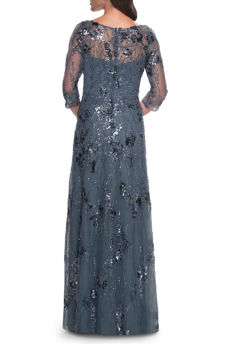Beaded Long Mother of the Bride Dress with Illusion Top, Alternate, color, Slate Gray