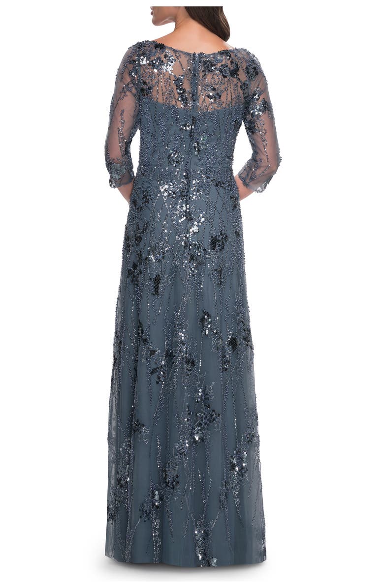 La Femme Beaded Long Mother of the Bride Dress with Illusion Top, Alternate, color, Slate Gray