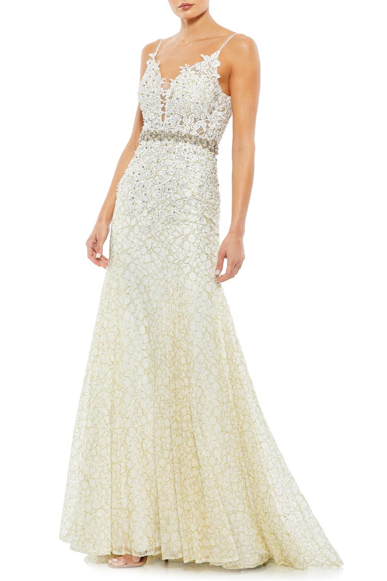 Embellished Lace Appliqué Trumpet Gown, Main, color, IVORY