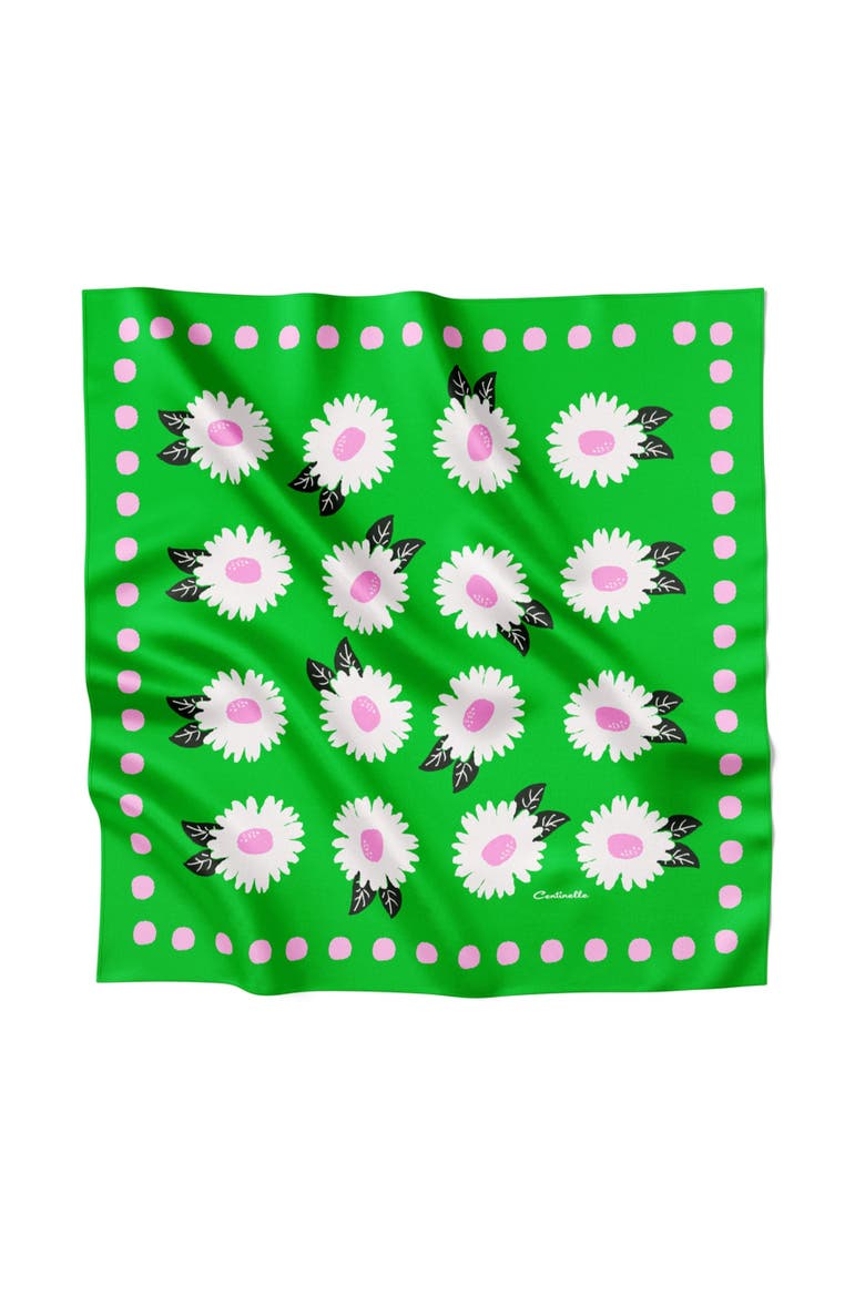 White Flower Silk Large Square Scarf, Main, color, Green