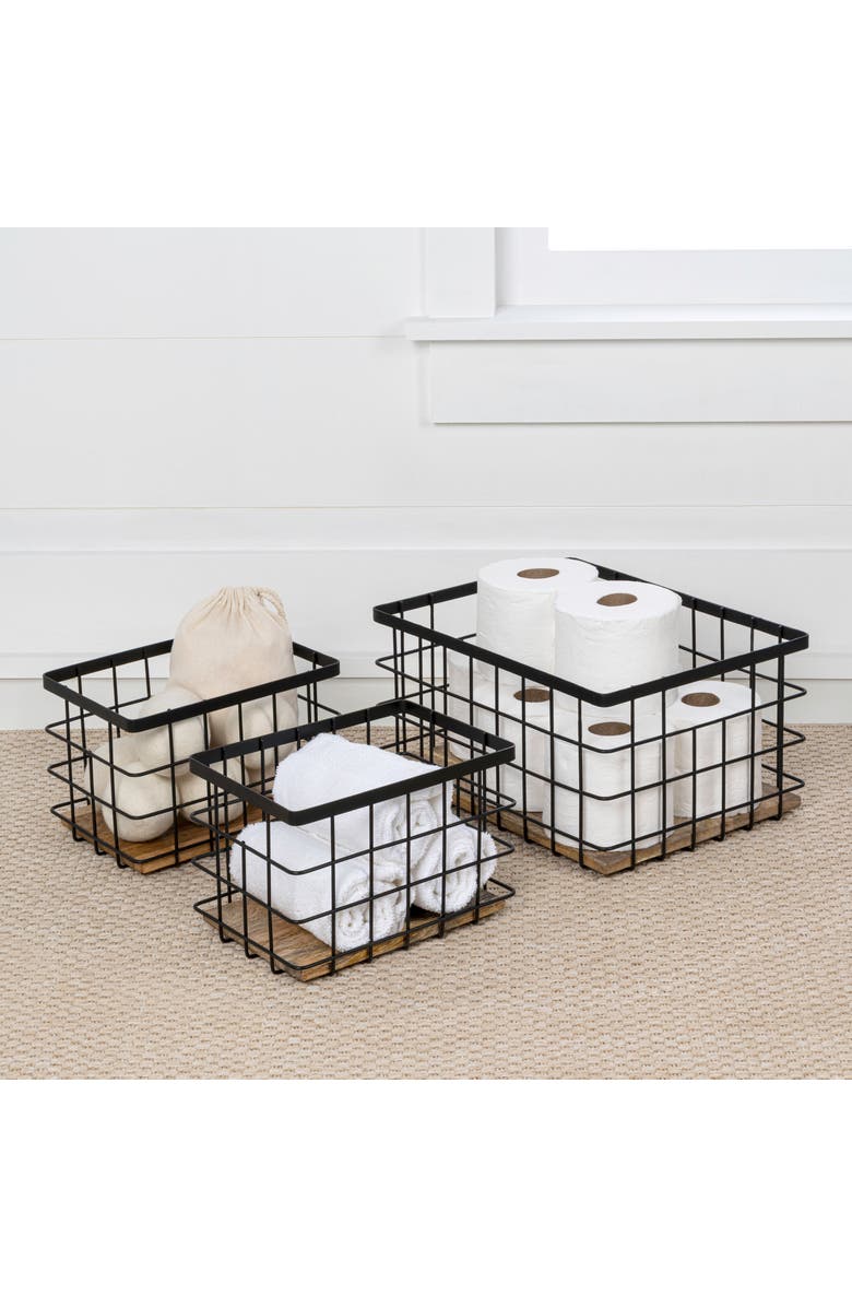 HAPPIMESS Evvie Vintage Farmhouse Handmade Wire Metal Nesting Storage Baskets with Wood Base, Alternate, color, Black/Natural