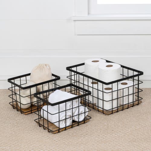 Happimess Evvie Vintage Farmhouse Handmade Wire Metal Nesting Storage Baskets With Wood Base In Black