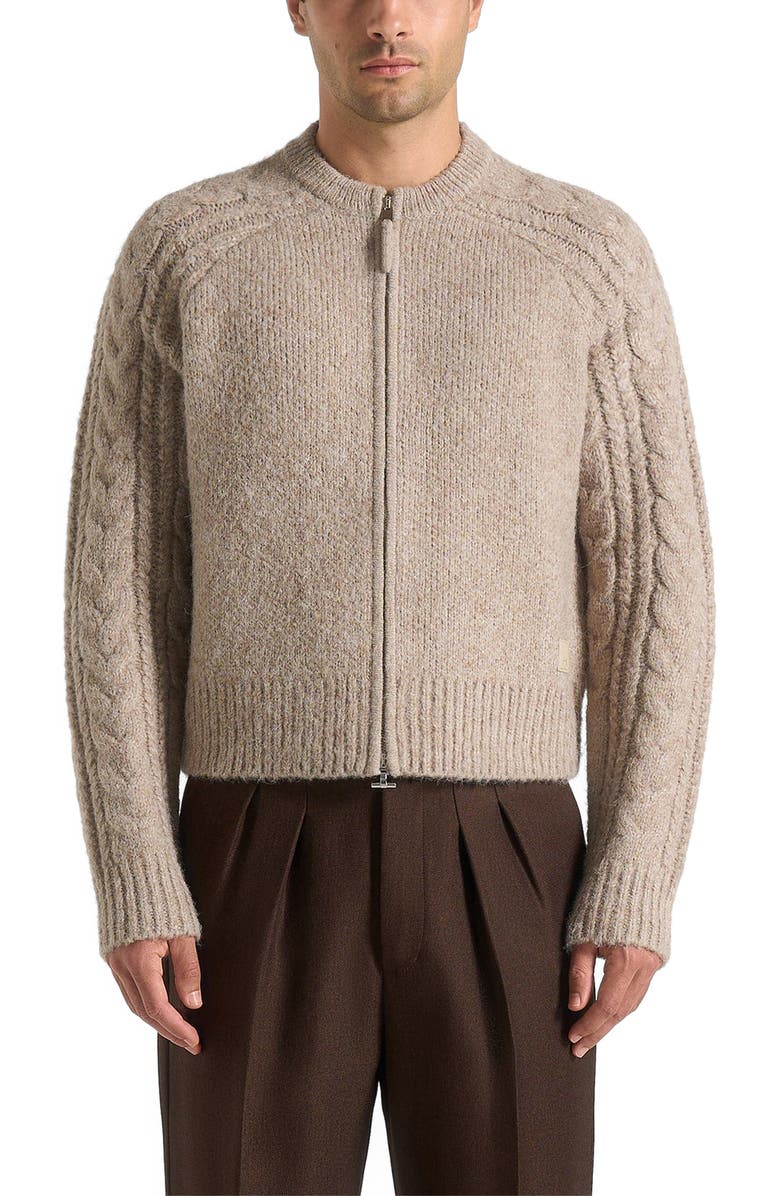 Manière De Voir Gaby Speckled Cable Knit Zip Cardigan, Main, color, Taupe