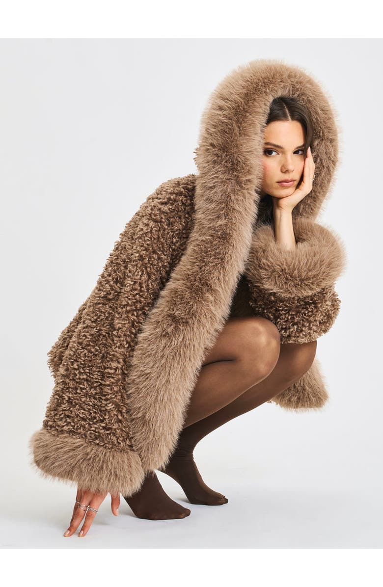 Miss Circle Faux Shearling Fur Jumbo Kali Hooded Coat, Alternate, color, Brown