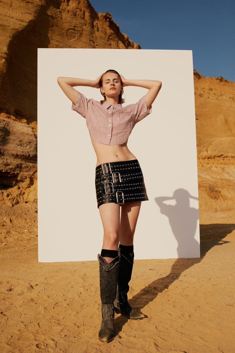 Birdeye Leather Skirt, Alternate, color, black