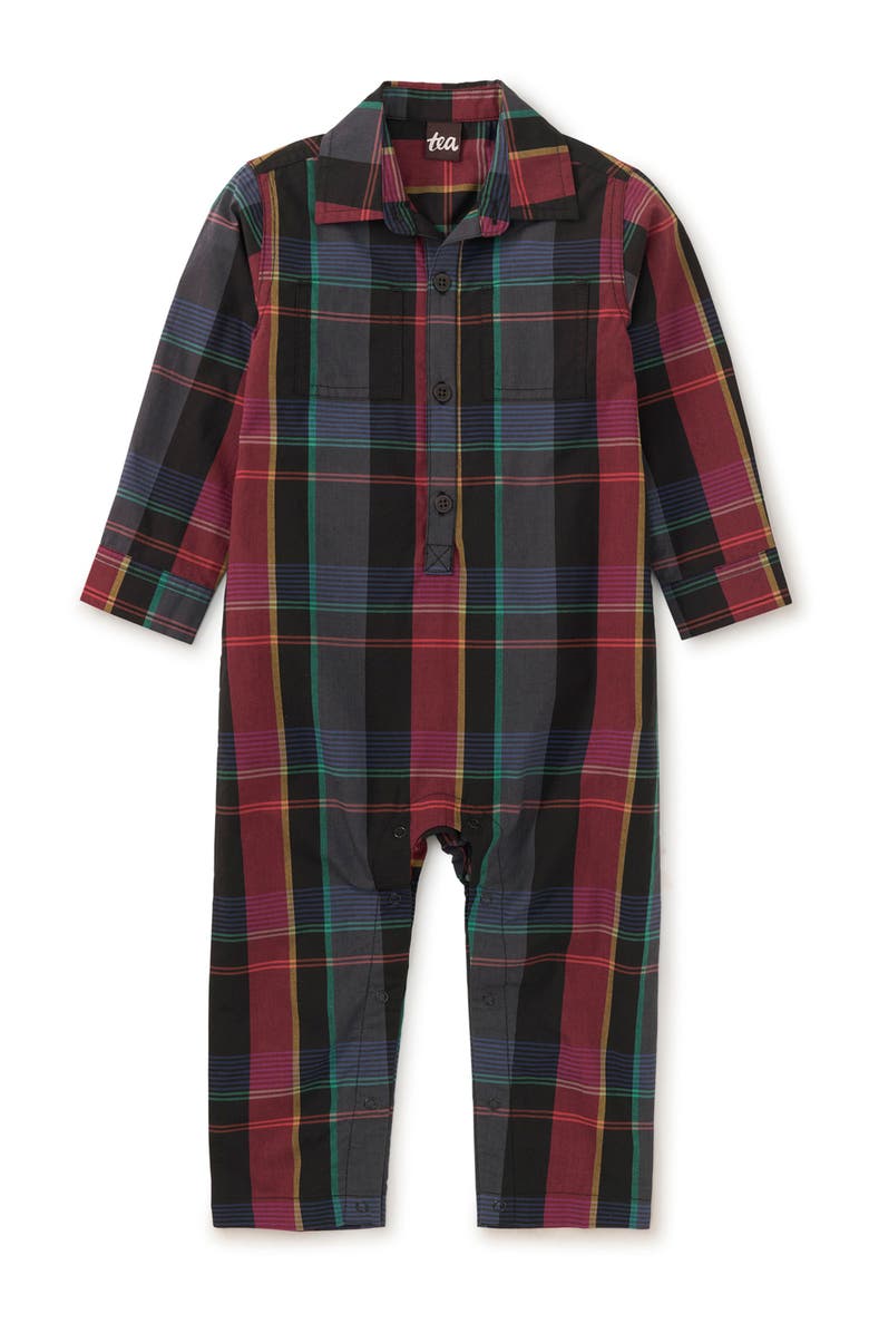 Tea Collection Plaid Buttoned Baby Romper, Main, color, 