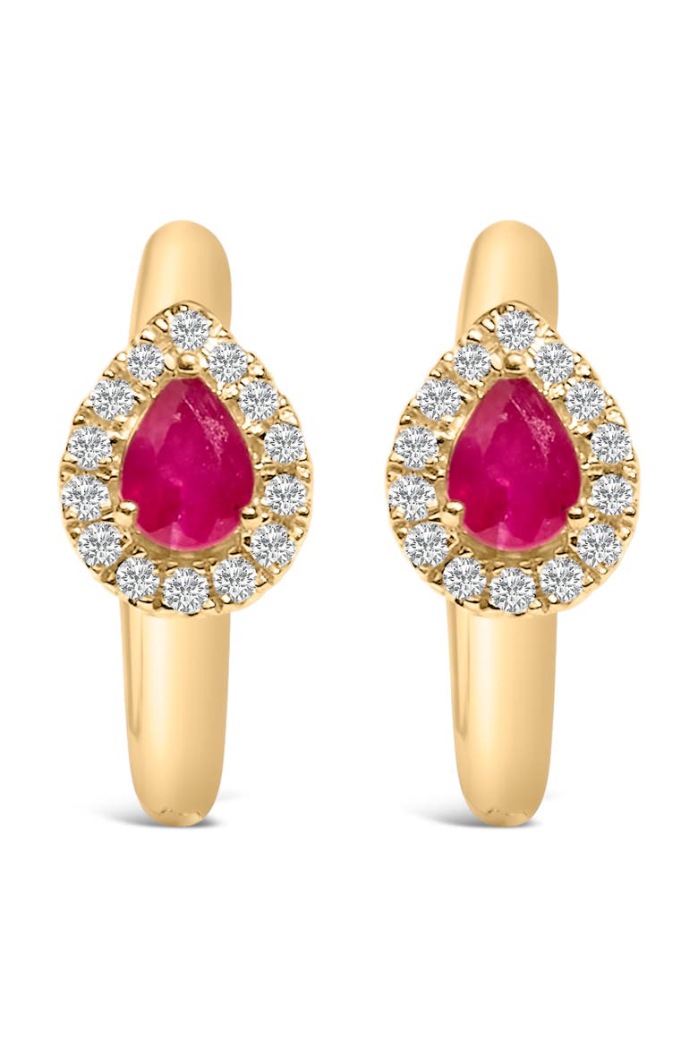 10K Yellow Gold Pear Red Ruby 4x3 mm and 1/10 Ct Round Diamond Huggy Earrings, Main, color, Yellow