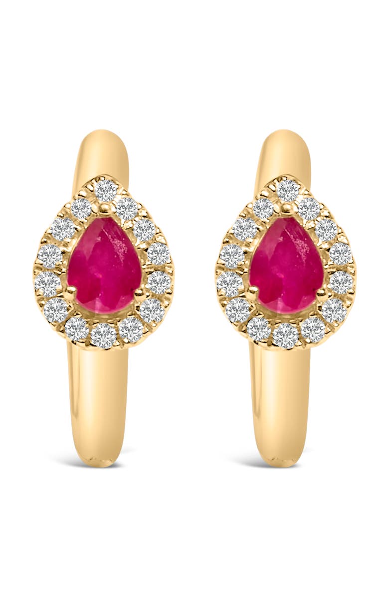 Haus of Brilliance 10K Yellow Gold Pear Red Ruby 4x3 mm and 1/10 Ct Round Diamond Huggy Earrings, Main, color, Yellow