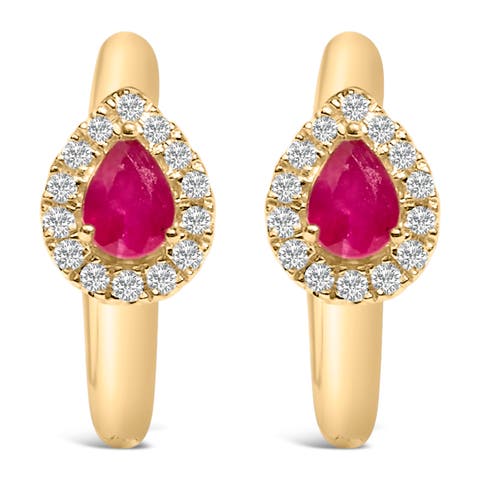 10K Yellow Gold Pear Red Ruby 4x3 mm and 1/10 Ct Round Diamond Huggy Earrings