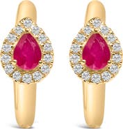Haus of Brilliance 10K Yellow Gold Pear Red Ruby 4x3 mm and 1/10 Ct Round Diamond Huggy Earrings