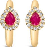 Haus of Brilliance 10K Yellow Gold Pear Red Ruby 4x3 mm and 1/10 Ct Round Diamond Huggy Earrings