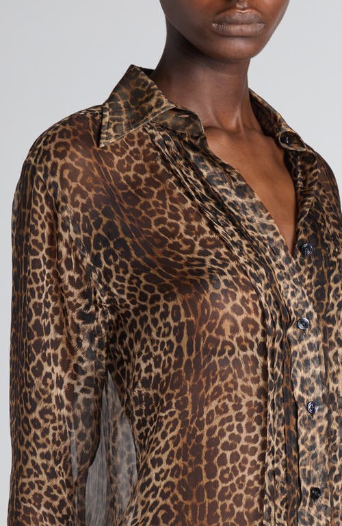 Tom Ford Leopard Print Silk Chiffon & Crepe Shirt In Brown