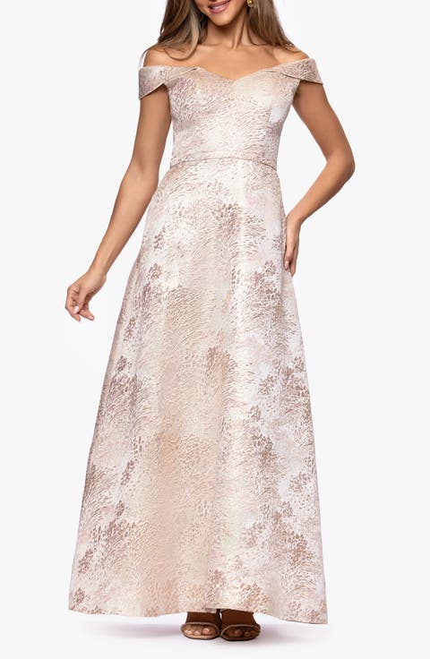 Jacquard Metallic Off the Shoulder Ballgown