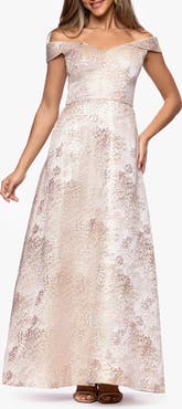 Xscape Evenings Jacquard Metallic Off the Shoulder Ballgown