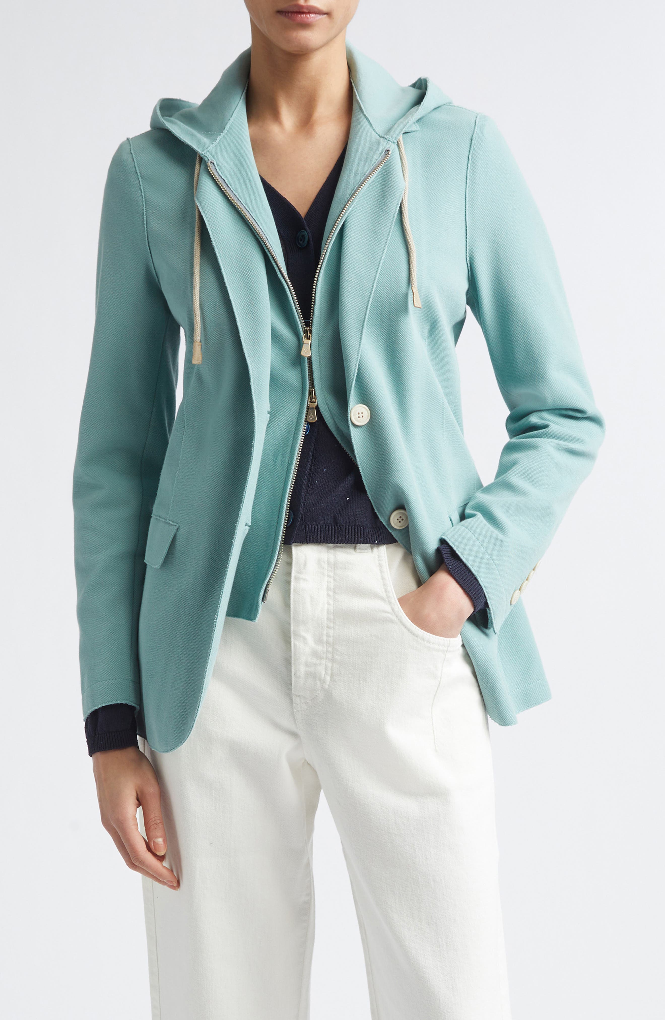 Laser Cut Cotton Blend Knit Jacket with Hooded Zip Inset