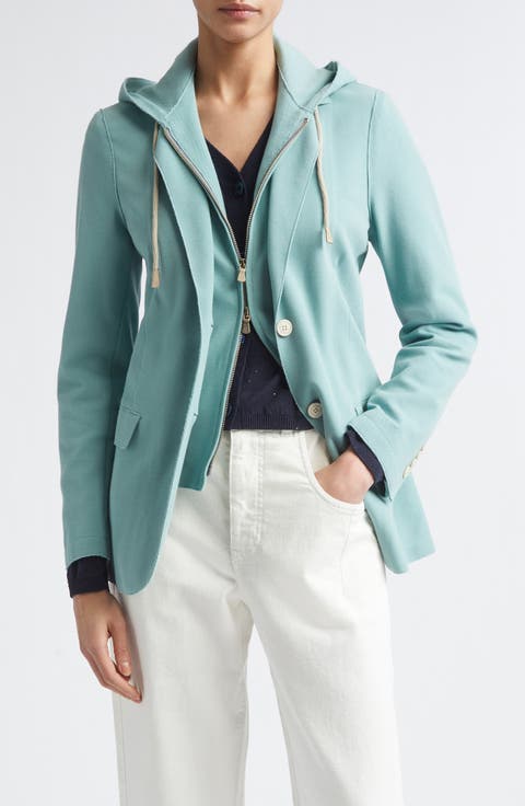 Laser Cut Cotton Blend Knit Jacket with Hooded Zip Inset