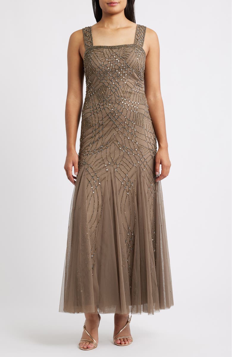 Pisarro Nights Beaded Gown with Long Sleeve Jacket, Alternate, color, Mocha 228