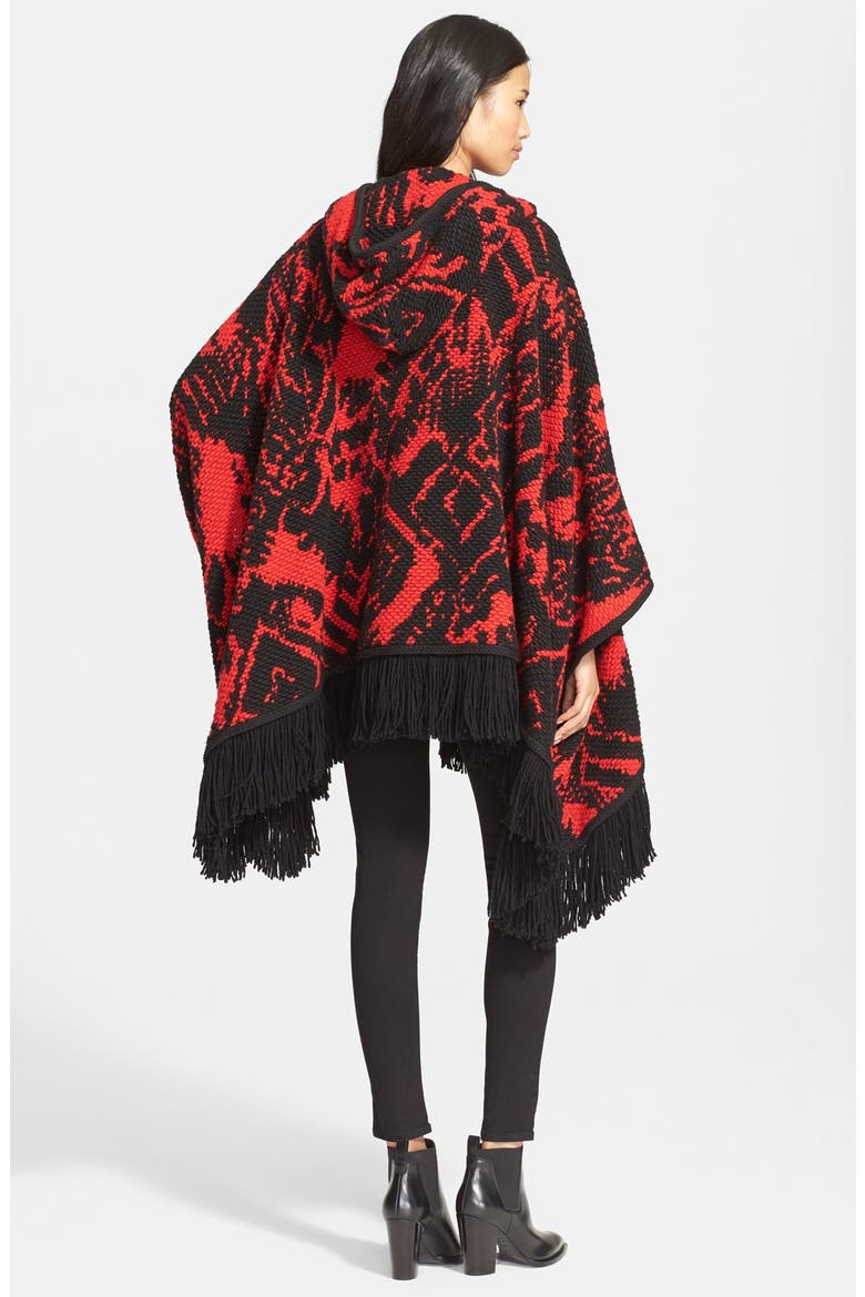 Fringe Trim Knit Hooded Poncho, Alternate, color, MAASIAI RED/ BLACK