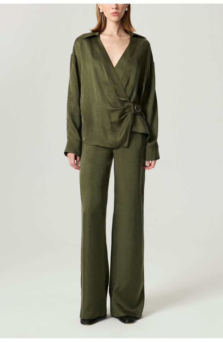 Nocturne Logo Buckle Wrap Blouse, Main, color, Dark Green