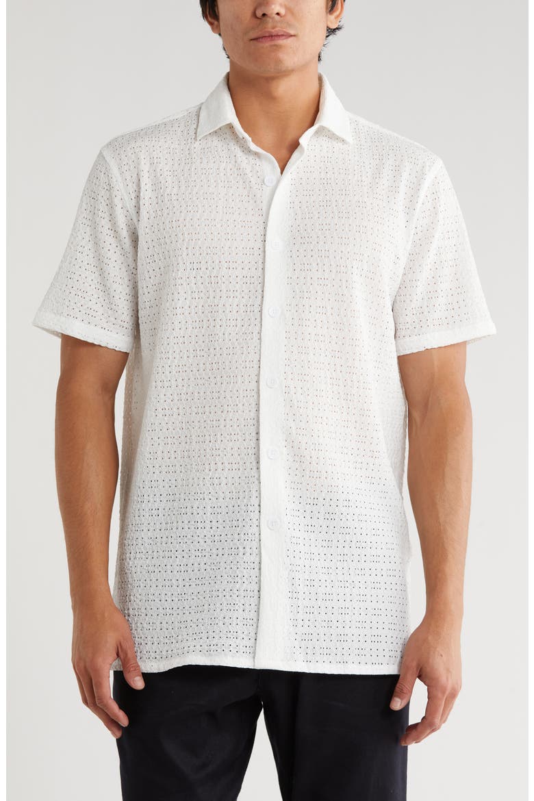 Textured Knit Short Sleeve Button-Up Shirt, Main, color, WHITE