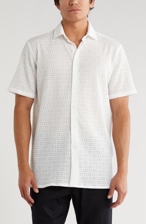 Textured Knit Short Sleeve Button-Up Shirt