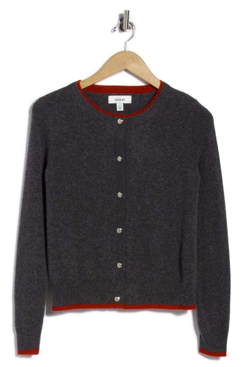 Tipped Cashmere Cardigan, Alternate, color, GREY/ RED