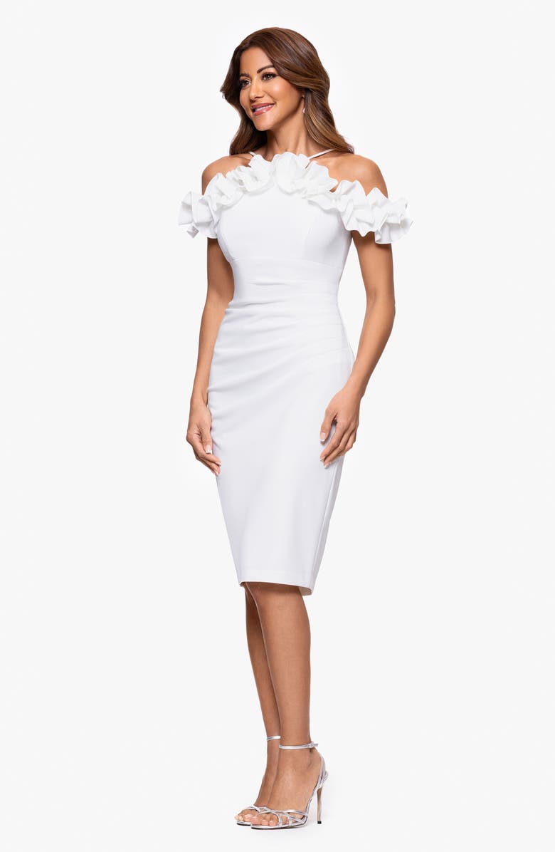 Xscape Evenings Ruffle Off the Shoulder Scuba Crepe Sheath Dress, Alternate, color, Ivory