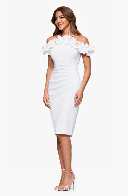 Xscape Evenings Ruffle Off The Shoulder Scuba Crepe Sheath Dress In Ivory