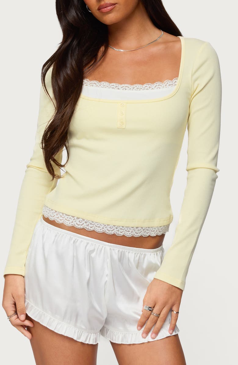 EDIKTED Joana Layered Lacey Henley Top, Main, color, Yellow