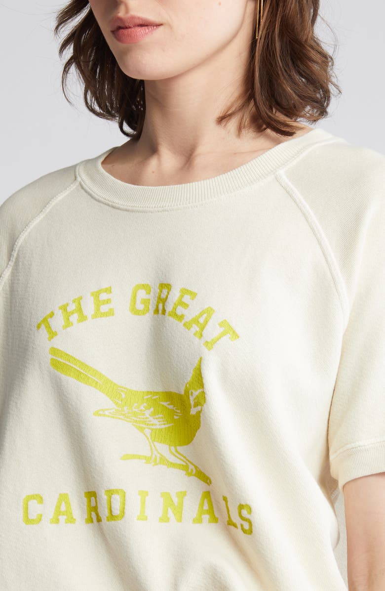 THE GREAT. Cardinal Graphic Short Sleeve Cotton Sweatshirt, Alternate, color, 