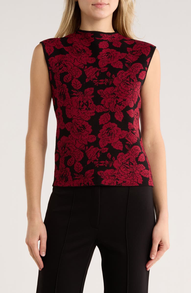 ELIE ELIE TAHARI Cap Sleeve Jacquard Sweater, Main, color, Black/ Red Point Rose